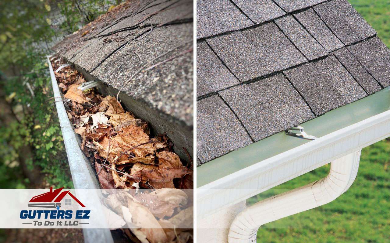 Before and after images of gutter cleaning.